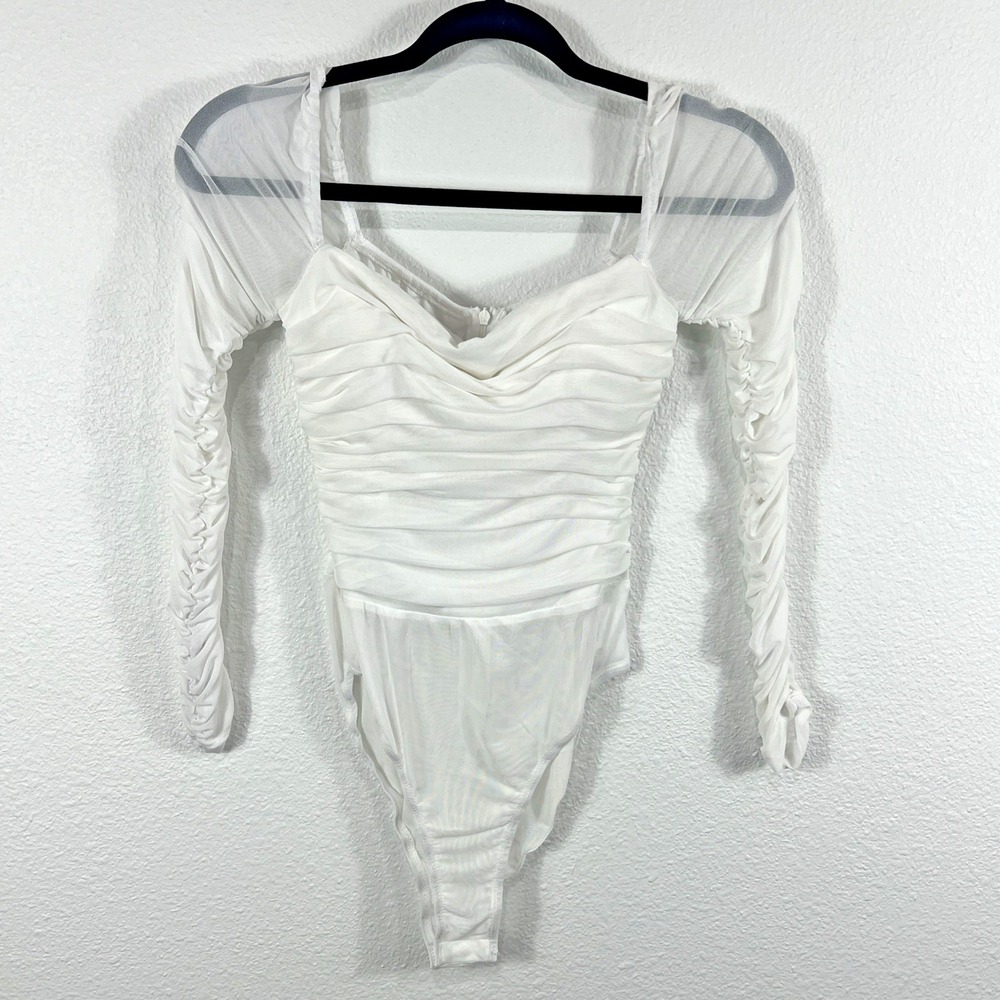 Hello Molly Bodysuit Ruched Sheer Mesh Sweetheart White Balletcore Women Size 4